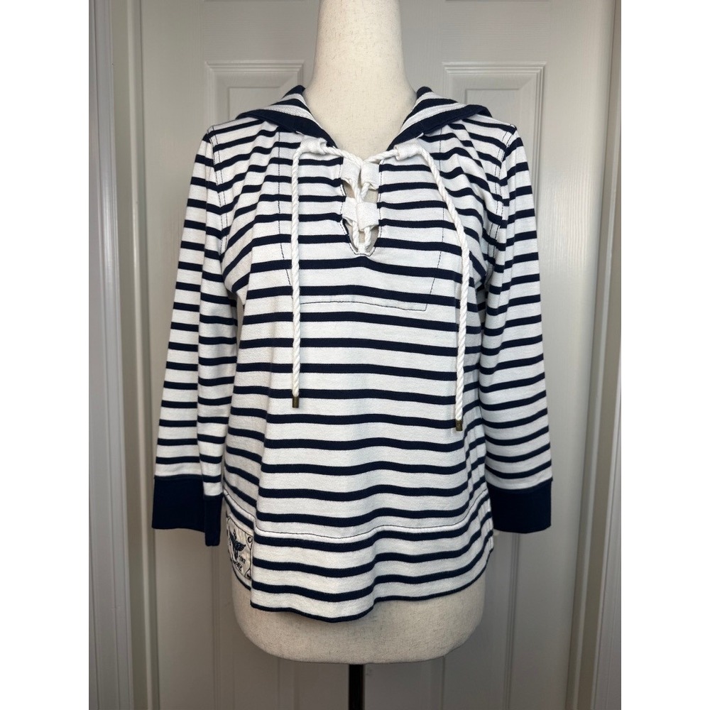 Lauren Ralph Lauren Petite Navy White Striped Sailor Collar Lace Up Top P/M